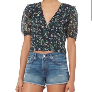 AMUR Navy Blue Floral 100% Silk Short Sleeve V Neck Blouse Top Size XS